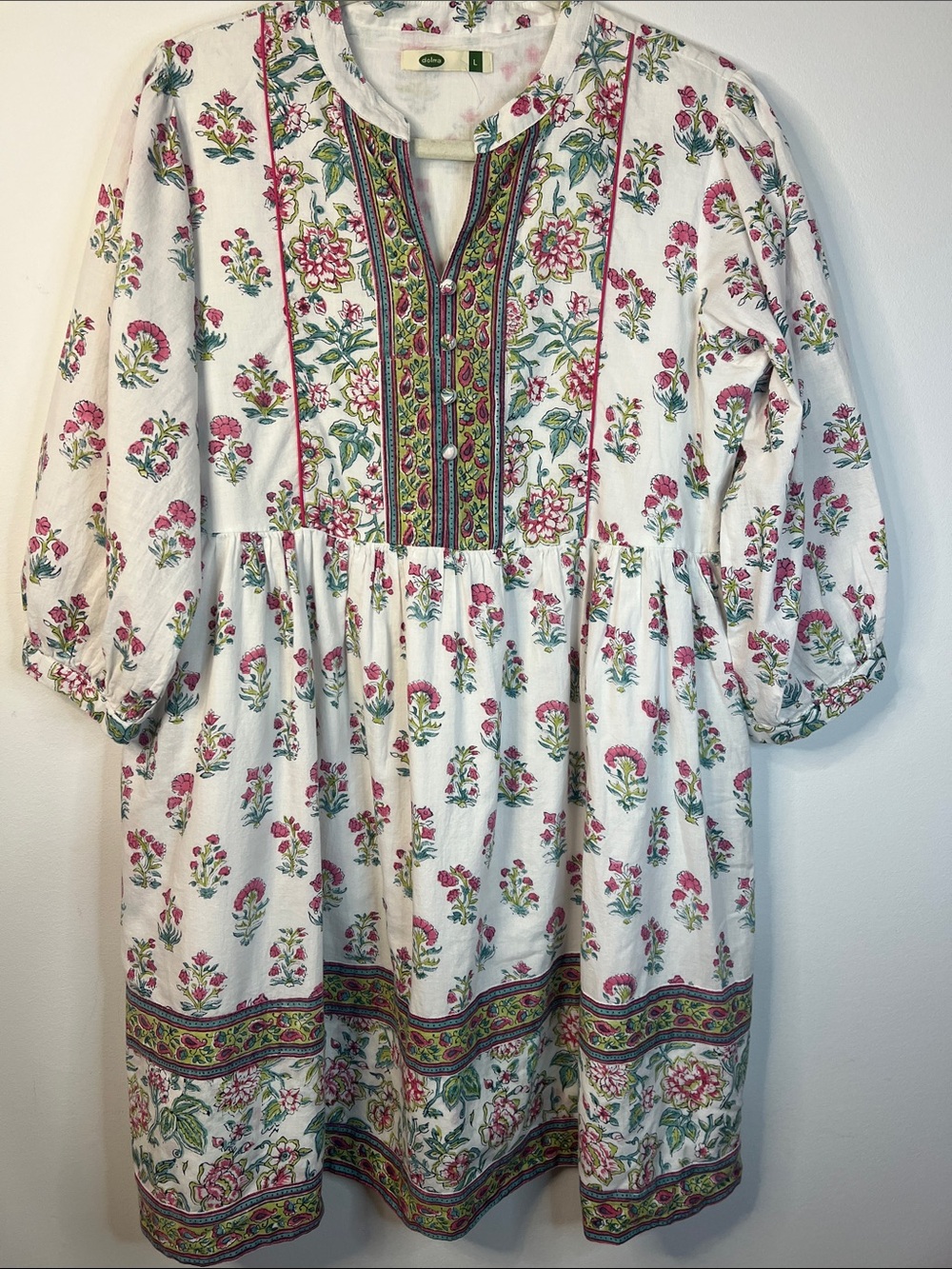 Women’s White Floral Long-Sleeve Peasant Dress with Pink and Green Print